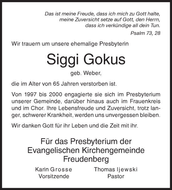 Traueranzeige von Siggi Gokus von Siegener Zeitung