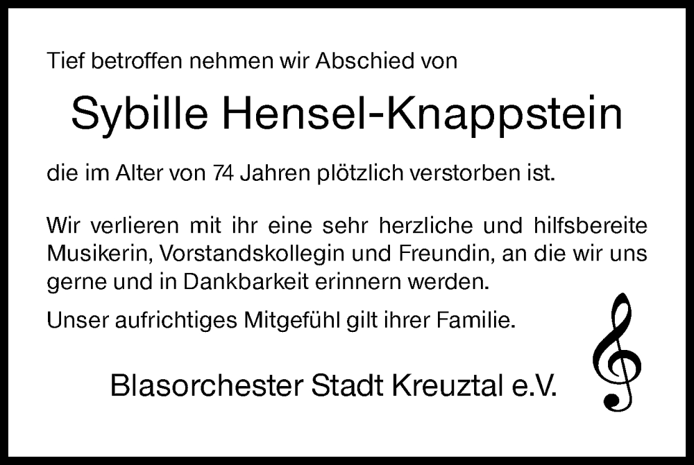  Traueranzeige für Sybille Hensel-Knappstein vom 12.08.2025 aus Siegener Zeitung