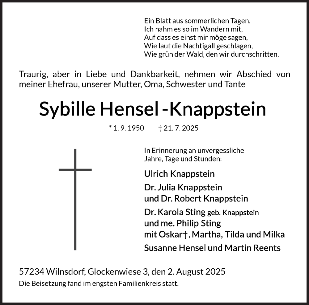 Traueranzeige für Sybille Hensel-Knappstein vom 02.08.2025 aus Siegener Zeitung