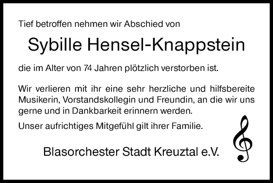 Traueranzeige von Sybille Hensel-Knappstein von Siegener Zeitung