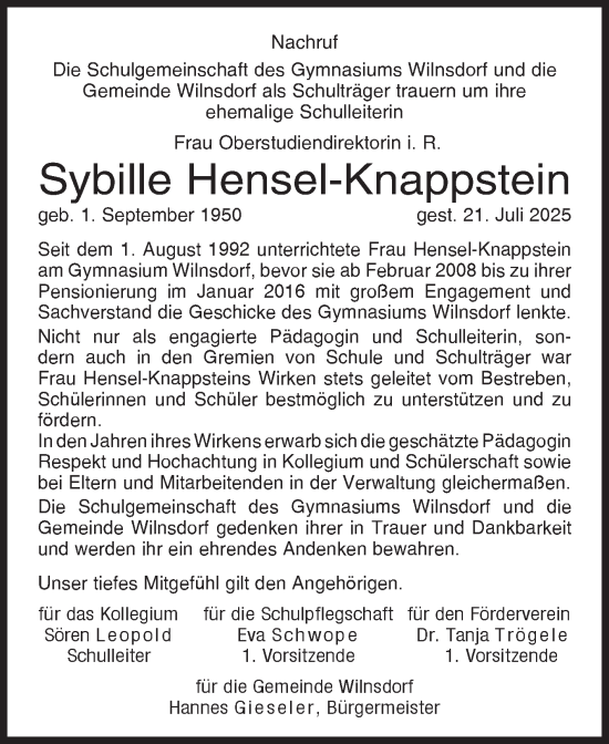 Traueranzeige von Sybille Hensel-Knappstein von Siegener Zeitung