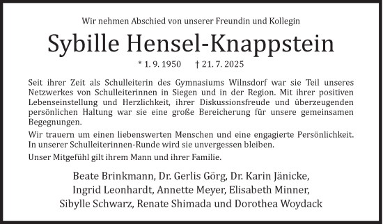 Traueranzeige von Sybille Hensel-Knappstein von Siegener Zeitung
