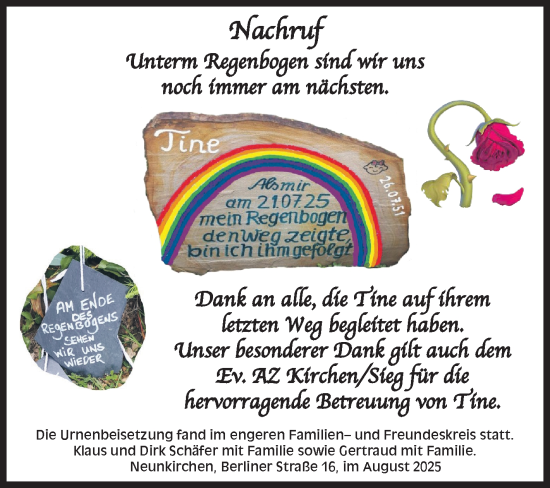 Traueranzeige von Tine  von Siegener Zeitung