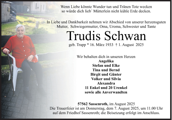 Traueranzeige von Trudis Schwan von Siegener Zeitung
