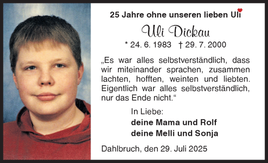 Traueranzeige von Uli Dickau von Siegener Zeitung