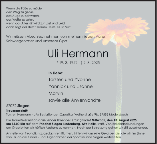 Traueranzeige von Uli Hermann von Siegener Zeitung