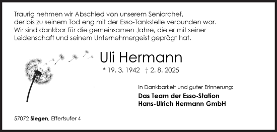 Traueranzeige von Uli Hermann von Siegener Zeitung