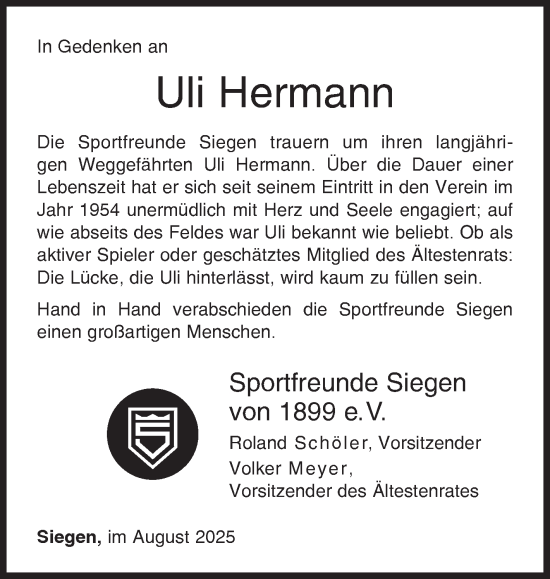 Traueranzeige von Uli Hermann von Siegener Zeitung