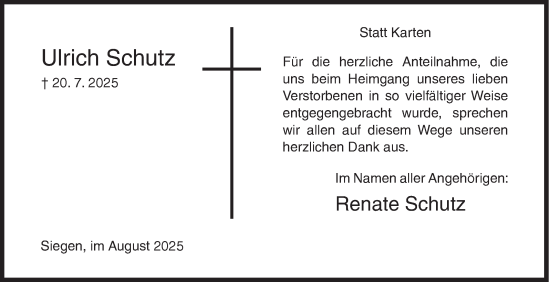 Traueranzeige von Ulrich Schutz von Siegener Zeitung