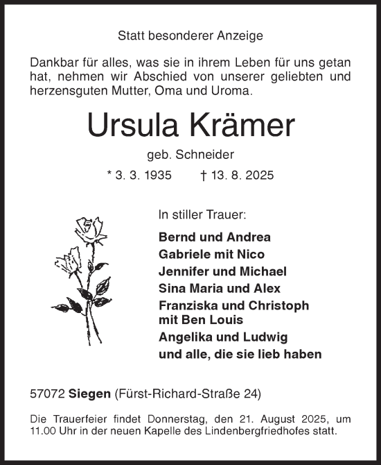 Traueranzeige von Ursula Krämer von Siegener Zeitung