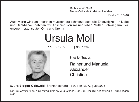 Traueranzeige von Ursula Moll von Siegener Zeitung