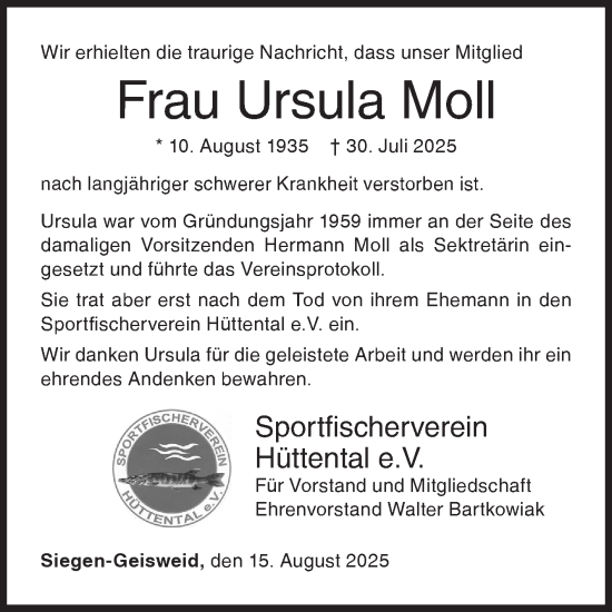 Traueranzeige von Ursula Moll von Siegener Zeitung
