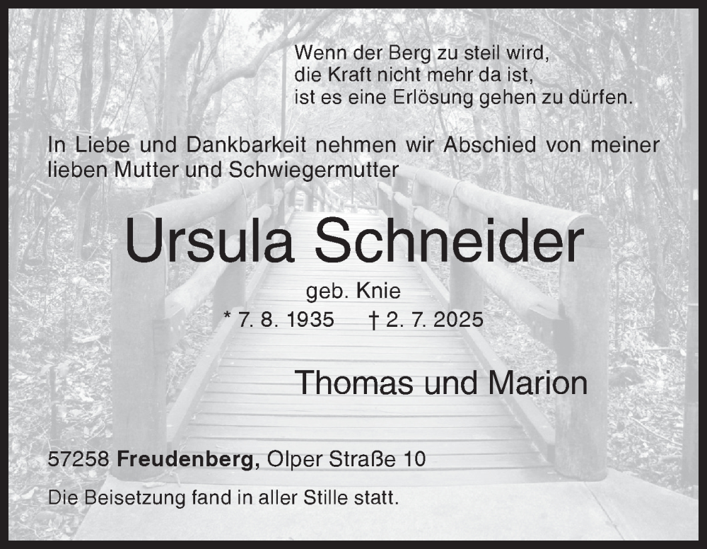  Traueranzeige für Ursula Schneider vom 02.08.2025 aus Siegener Zeitung