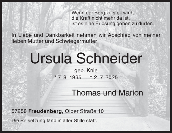 Traueranzeige von Ursula Schneider von Siegener Zeitung