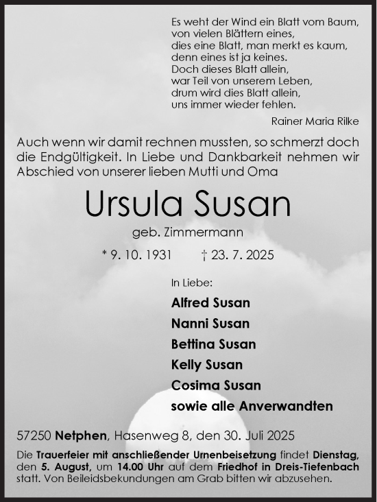 Traueranzeige von Ursula Susan von Siegener Zeitung