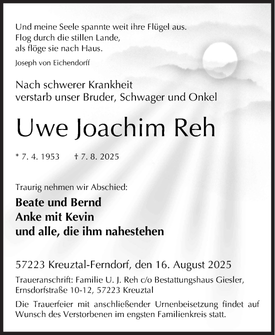 Traueranzeige von Uwe Joachim Reh von Siegener Zeitung
