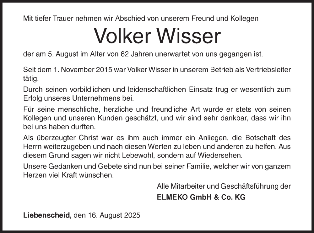  Traueranzeige für Volker Wisser vom 16.08.2025 aus Siegener Zeitung