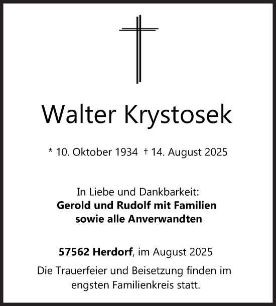 Traueranzeige von Walter Krystosek von Siegener Zeitung