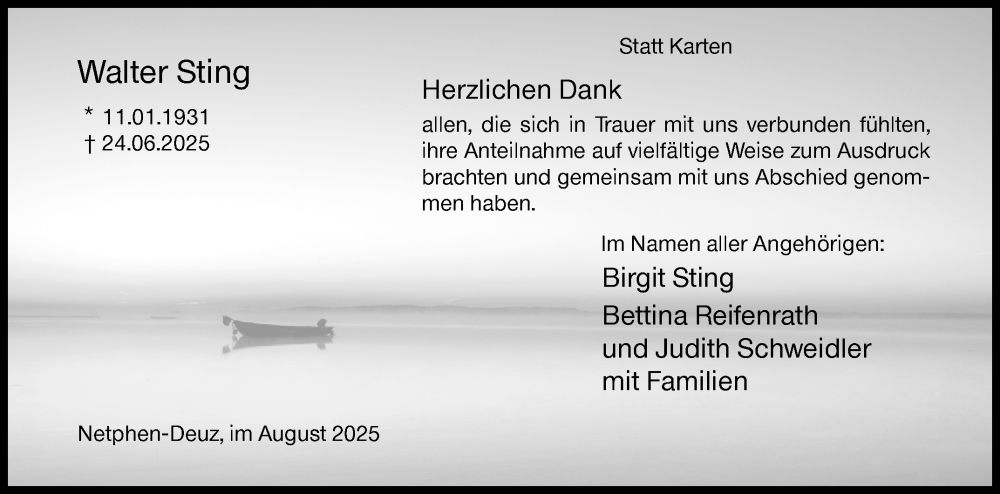  Traueranzeige für Walter Sting vom 16.08.2025 aus Siegener Zeitung