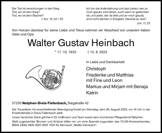 Traueranzeige von Walter Gustav Heinbach von Siegener Zeitung