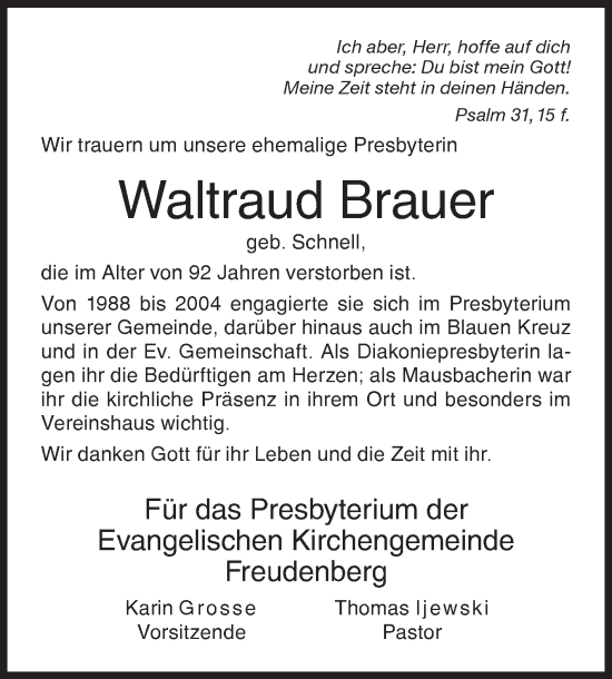 Traueranzeige von Waltraud Brauer von Siegener Zeitung
