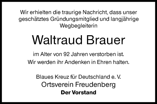 Traueranzeige von Waltraud Brauer von Siegener Zeitung