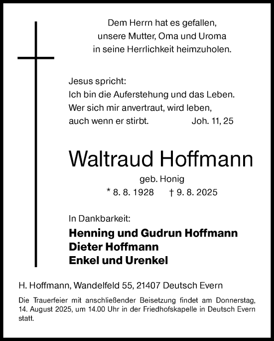 Traueranzeige von Waltraud Hoffmann von Siegener Zeitung