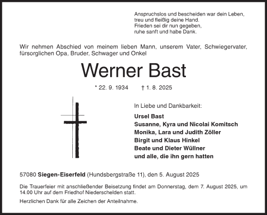 Traueranzeige von Werner Bast von Siegener Zeitung