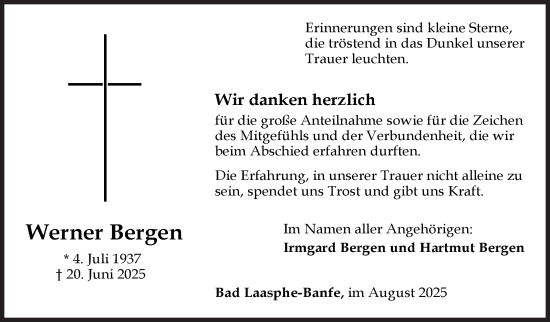 Traueranzeige von Werner Bergen von Siegener Zeitung