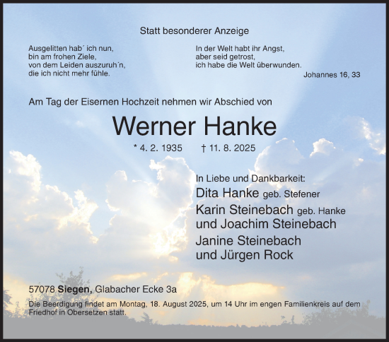 Traueranzeige von Werner Hanke von Siegener Zeitung
