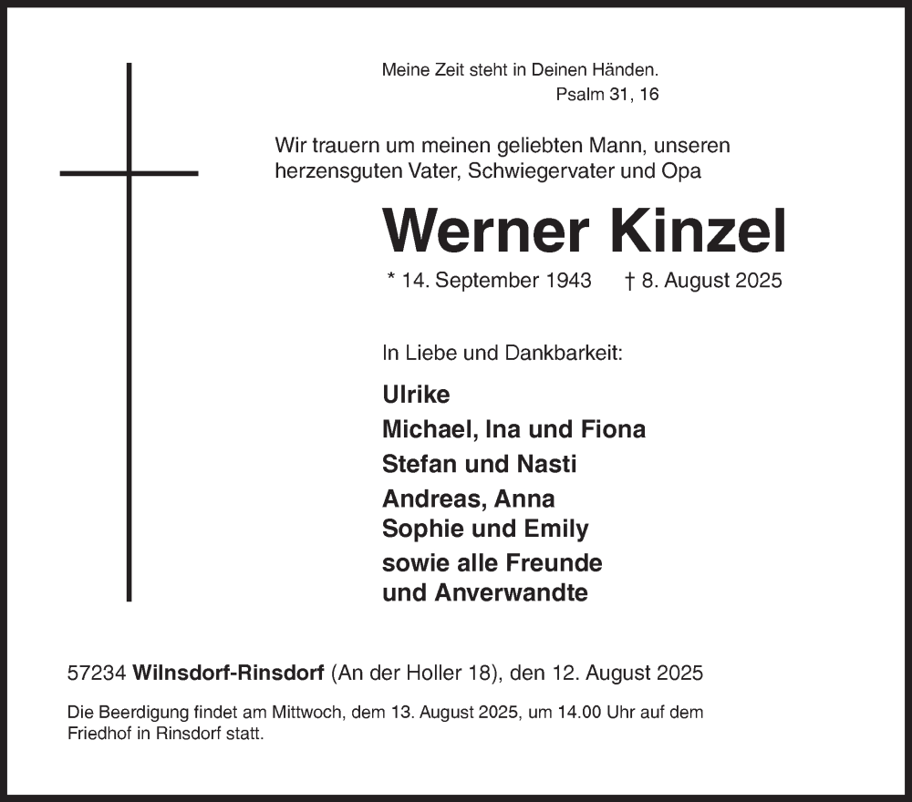  Traueranzeige für Werner Kinzel vom 12.08.2025 aus Siegener Zeitung