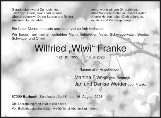 Traueranzeige von Wilfried Franke von Siegener Zeitung