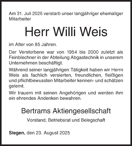 Traueranzeige von Willi Weis von Siegener Zeitung