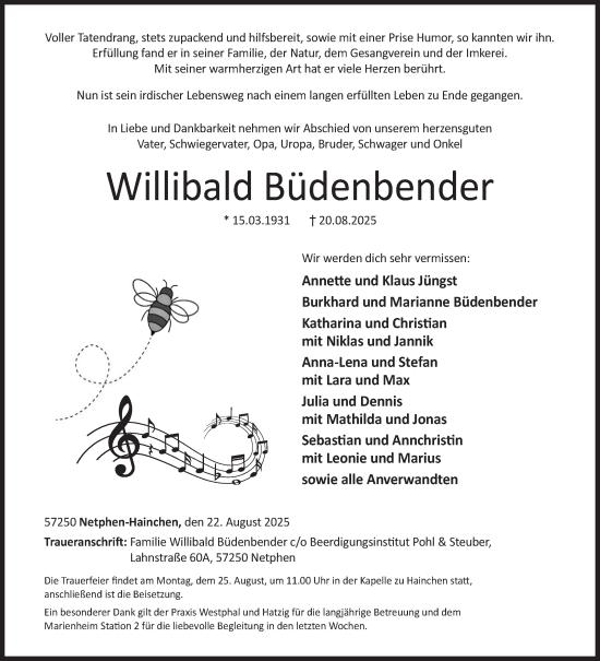 Traueranzeige von Willibald Büdenbender von Siegener Zeitung