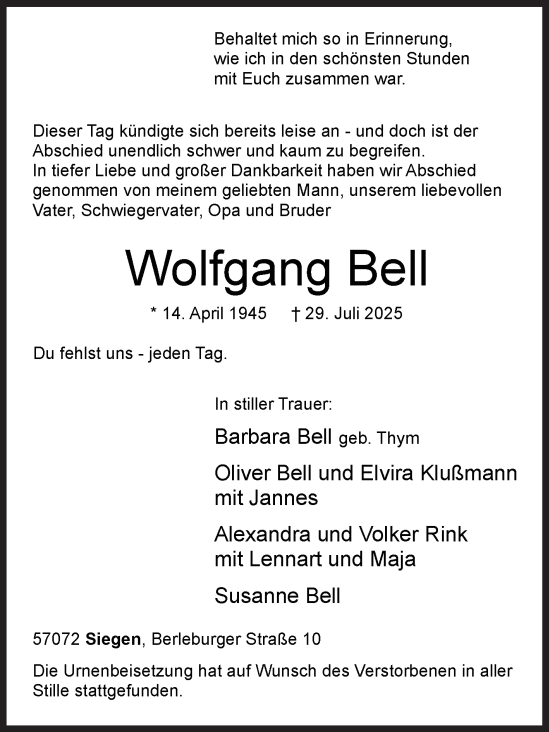 Traueranzeige von Wolfgang Bell von Siegener Zeitung