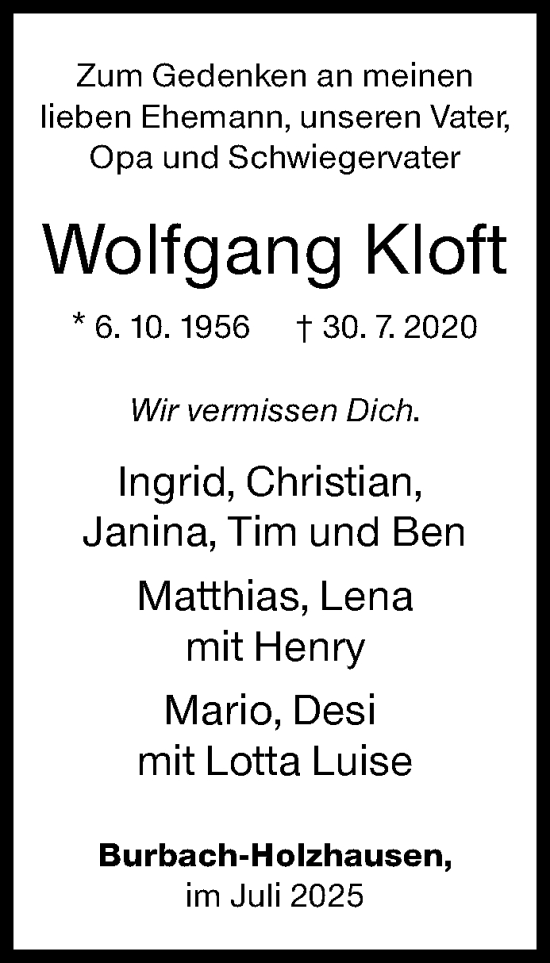 Traueranzeige von Wolfgang Kloft von Siegener Zeitung