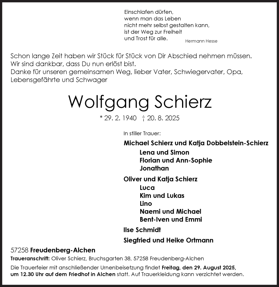  Traueranzeige für Wolfgang Schierz vom 23.08.2025 aus Siegener Zeitung