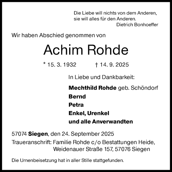 Traueranzeige von Achim Rohde von Siegener Zeitung