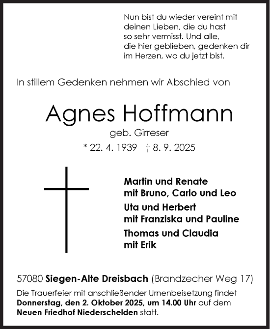Traueranzeige von Agnes Hoffmann von Siegener Zeitung