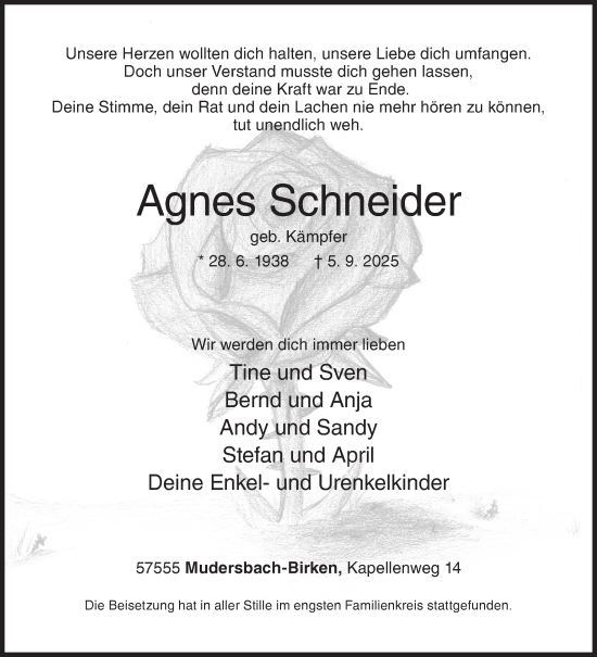Traueranzeige von Agnes Schneider von Siegener Zeitung