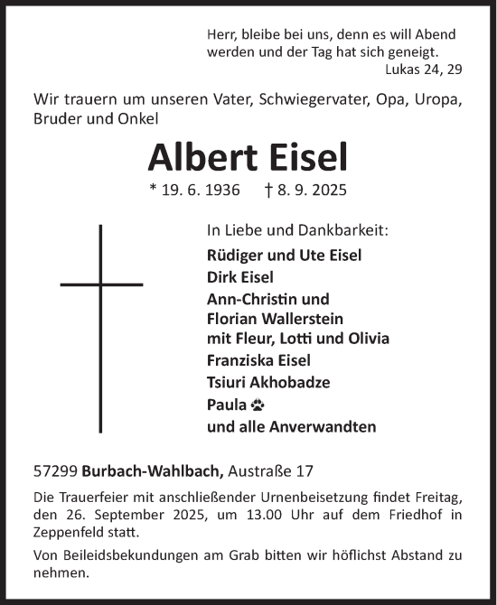 Traueranzeige von Albert Eisel von Siegener Zeitung