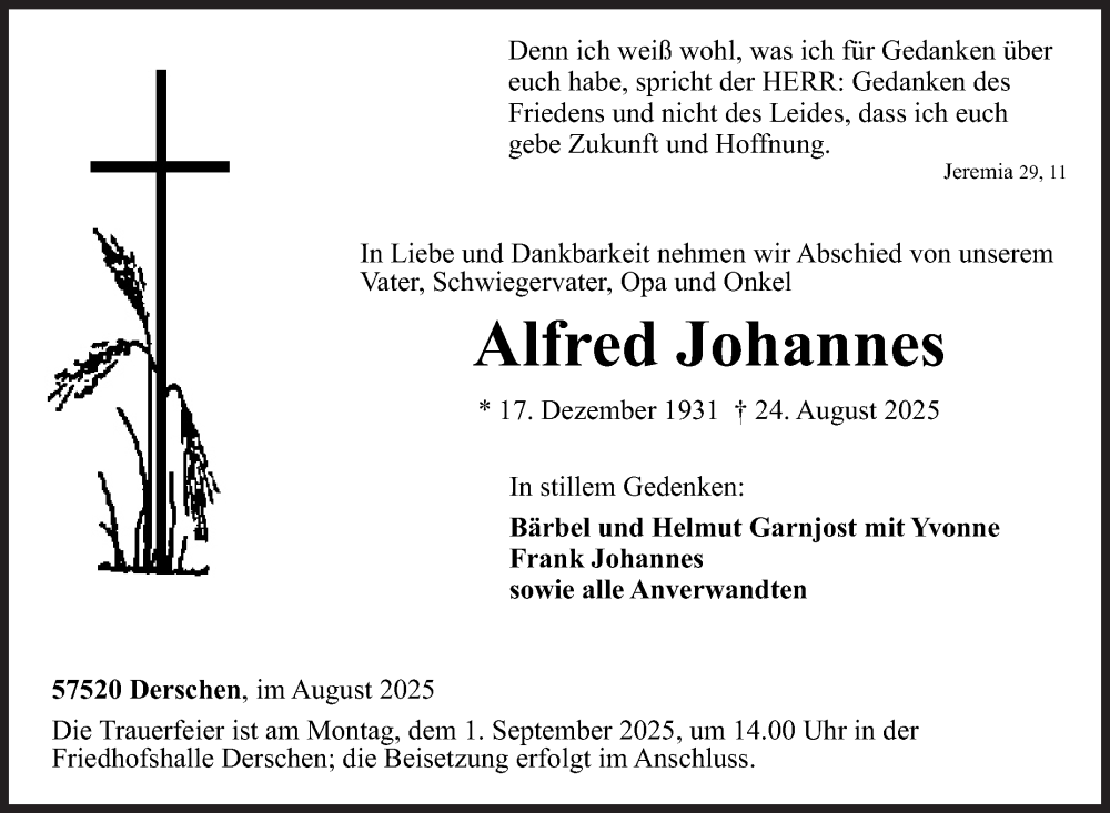  Traueranzeige für Alfred Johannes vom 30.08.2025 aus Siegener Zeitung