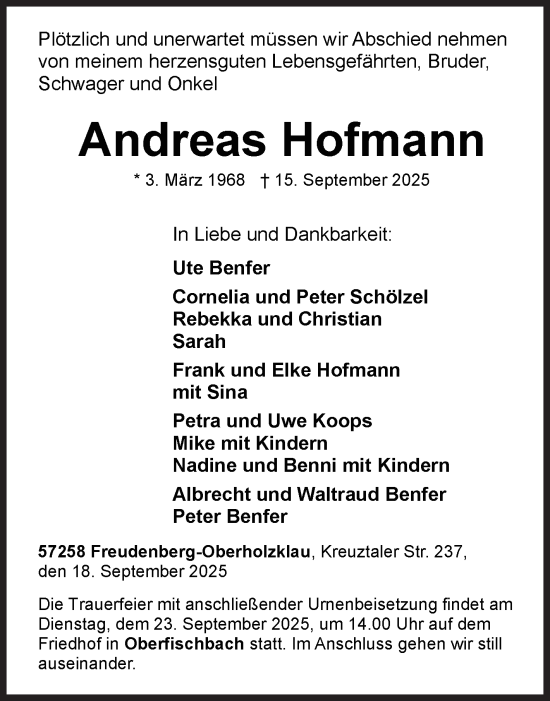 Traueranzeige von Andreas Hofmann von Siegener Zeitung