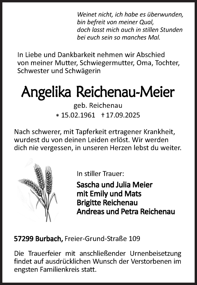  Traueranzeige für Angelika Reichenau-Meier vom 24.09.2025 aus Siegener Zeitung