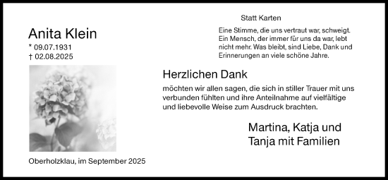 Traueranzeige von Anita Klein von Siegener Zeitung