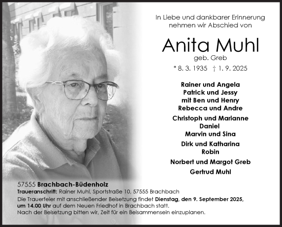 Traueranzeige von Anita Muhl von Siegener Zeitung