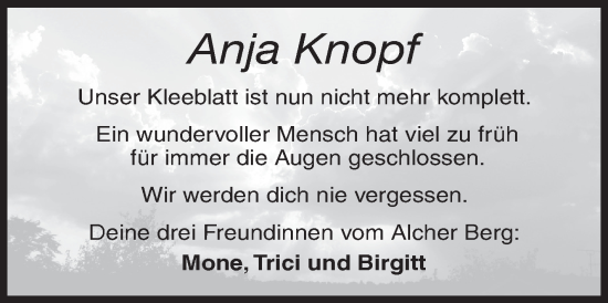 Traueranzeige von Anja Knopf von Siegener Zeitung