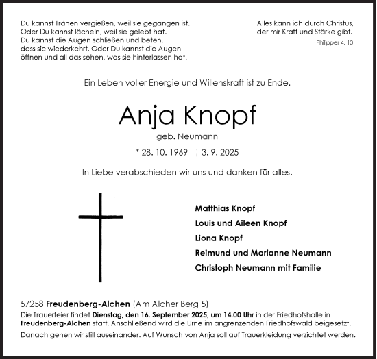 Traueranzeige von Anja Knopf von Siegener Zeitung