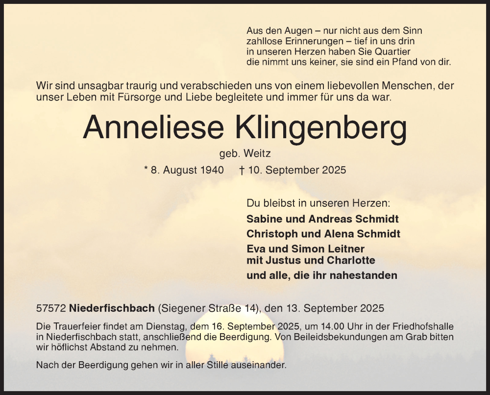  Traueranzeige für Anneliese Klingenberg vom 13.09.2025 aus Siegener Zeitung