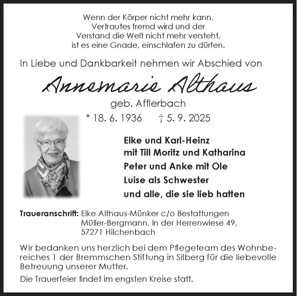  Traueranzeige für Annemarie Althaus vom 13.09.2025 aus Siegener Zeitung